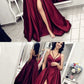 Chic Burgundy Spaghetti Strap Side Slit Backless Long Evening Prom Dresses cg458