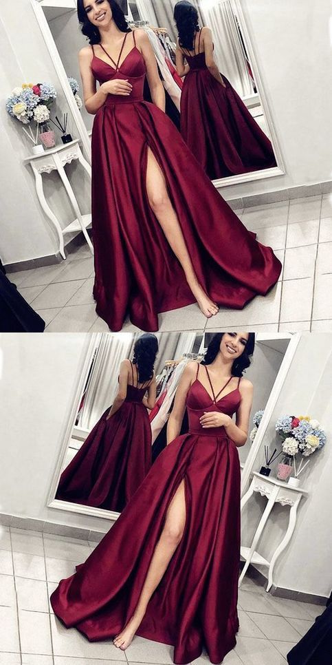 Chic Burgundy Spaghetti Strap Side Slit Backless Long Evening Prom Dresses cg458