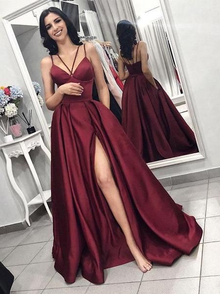 Chic Burgundy Spaghetti Strap Side Slit Backless Long Evening Prom Dresses cg458