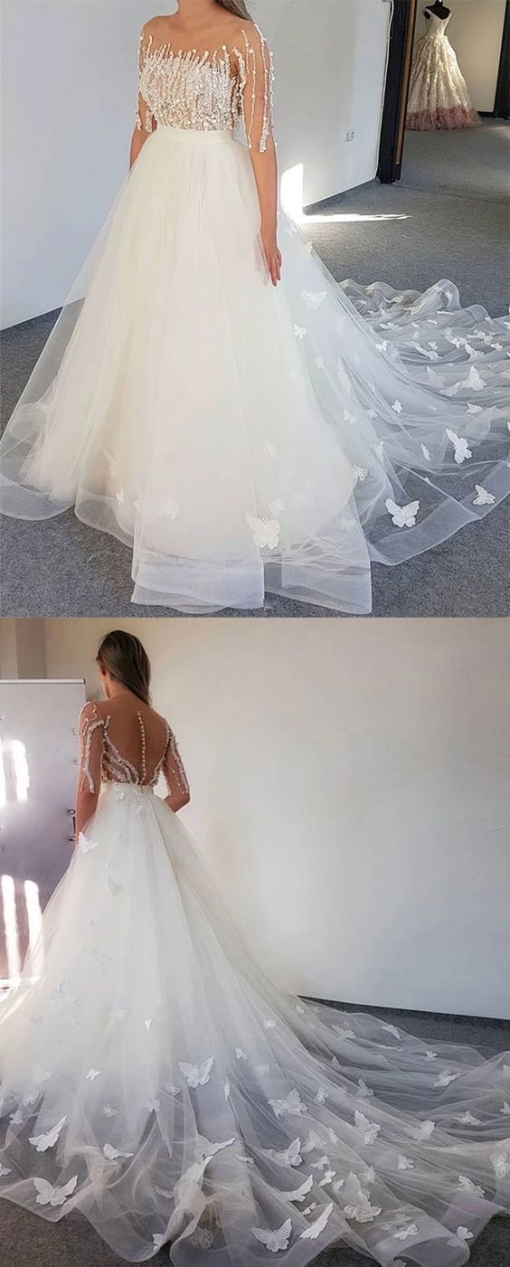 White round neck tulle sequin long prom dress white tulle formal dress cg4646
