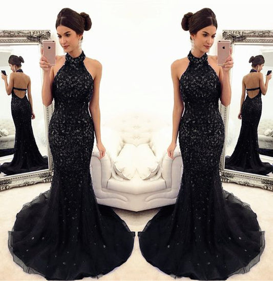 black mermaid prom dresses crystal beaded evening gowns with halter top cg4673