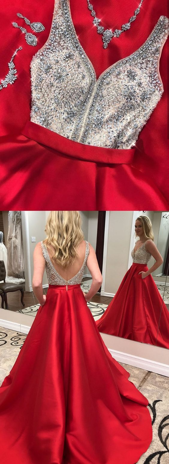 2019 red long prom dress with pockets, red prom dress with silver sequins top cg468