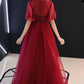 UNIQUE BURGUNDY TULLE LACE LONG PROM DRESS BURGUNDY EVENING DRESS cg4830