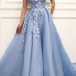 A Line Blue Off the Shoulder Tulle Lace Sweetheart 3D Flowers Prom Dresses,Formal Dress  cg486