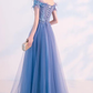 BEAUTIFUL BLUE TULLE LACE LONG PROM DRESS, BLUE TULLE OFF SHOULDER DRESS cg4860