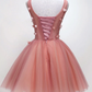 Pink v neck tulle lace short dress, cocktail dress cg4927