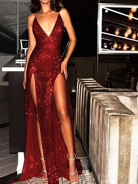 Sparkly Prom Dresses Burgundy V-neck Long Prom Dress with Slit Sexy Evening Dress cg493