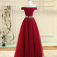 A LINE OFF THE SHOULDER BURGUNDY TULLE BEADED PROM DRESSES EVENING FORMAL DRESS cg495