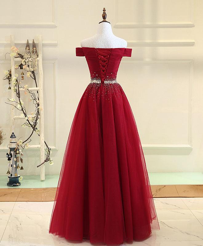 A LINE OFF THE SHOULDER BURGUNDY TULLE BEADED PROM DRESSES EVENING FORMAL DRESS cg495