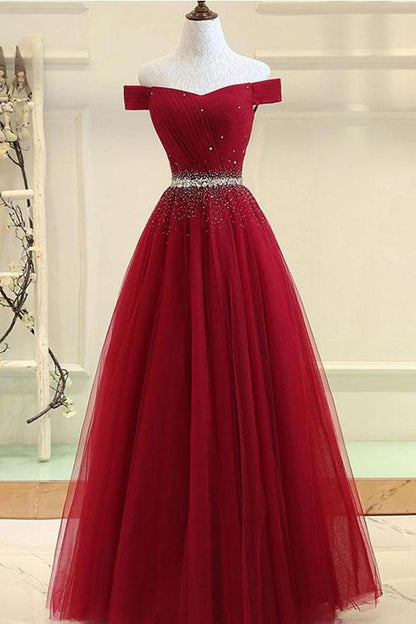 A LINE OFF THE SHOULDER BURGUNDY TULLE BEADED PROM DRESSES EVENING FORMAL DRESS cg495