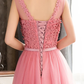 Pink Sleeveless Prom Dress with Flowers, A Line Floor Length Tulle Evening Dress cg4950