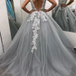 Gray V Neck Long Prom Dress for Teens, Puffy Appliqued Prom Dresses with Beading cg4955