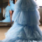 Blue Sweetheart Tulle High Low Prom Dresses with Long Train, Unique Strapless Party Dress  cg4957