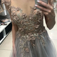Gray v neck tulle lace long prom dress, gray evening dress cg5027