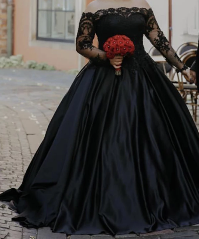 Black Wedding Dress Plus Size Ball Gown Lace Long Sleeves prom dress cg5042