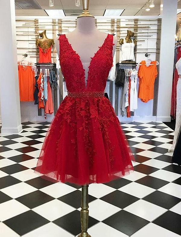 Short Red Homecoming Dresses Deep V Neck Appliques Beading cg507