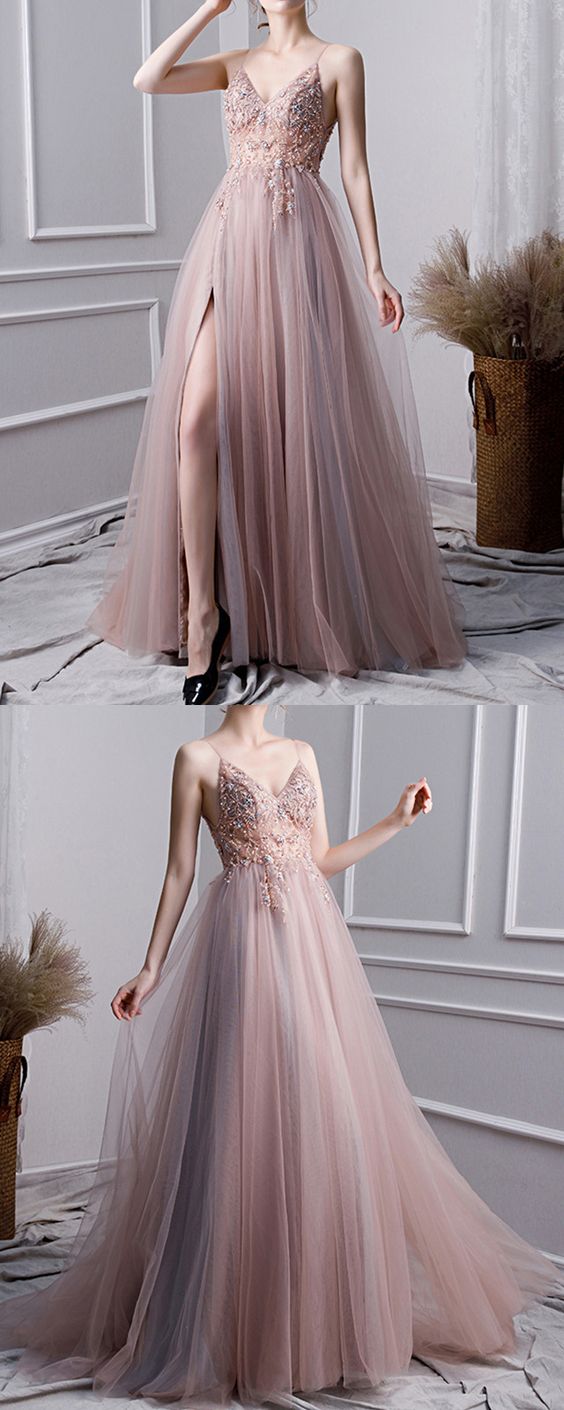 tulle prom long dress leg split beaded v neck formal gown cg5102