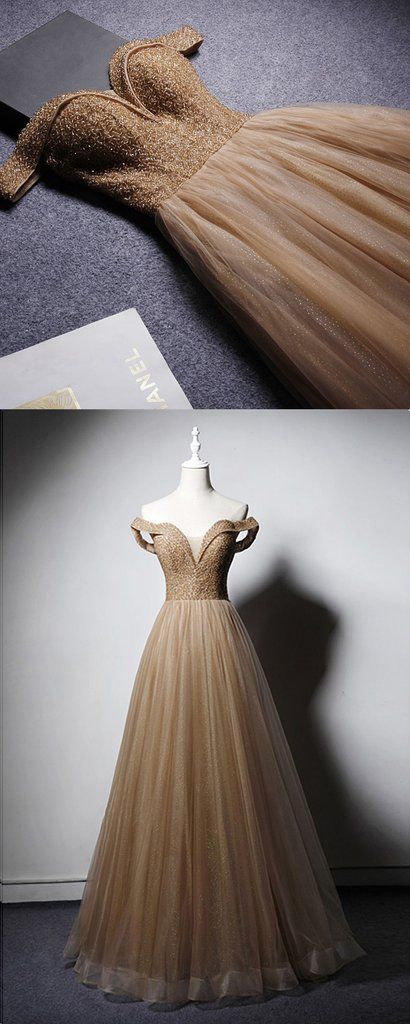 Deep Champagne Off Shoulder Crystal Beaded Long A Line Prom Dress cg5113