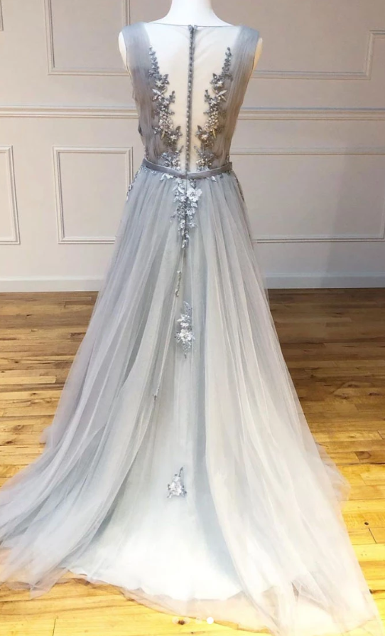 Gray round neck tulle lace long prom dress gray lace evening dress cg5123