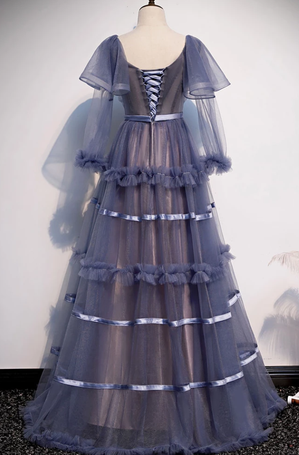 UNIQUE ROUND NECK TULLE LONG PROM DRESS TULLE EVENING DRESS cg5130