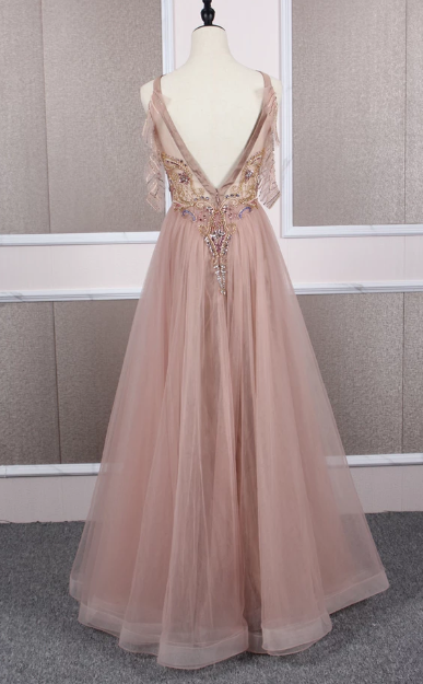 CHAMPAGNE TULLE BEADS LONG PROM DRESS CHAMPAGNE EVENING DRESS cg5159