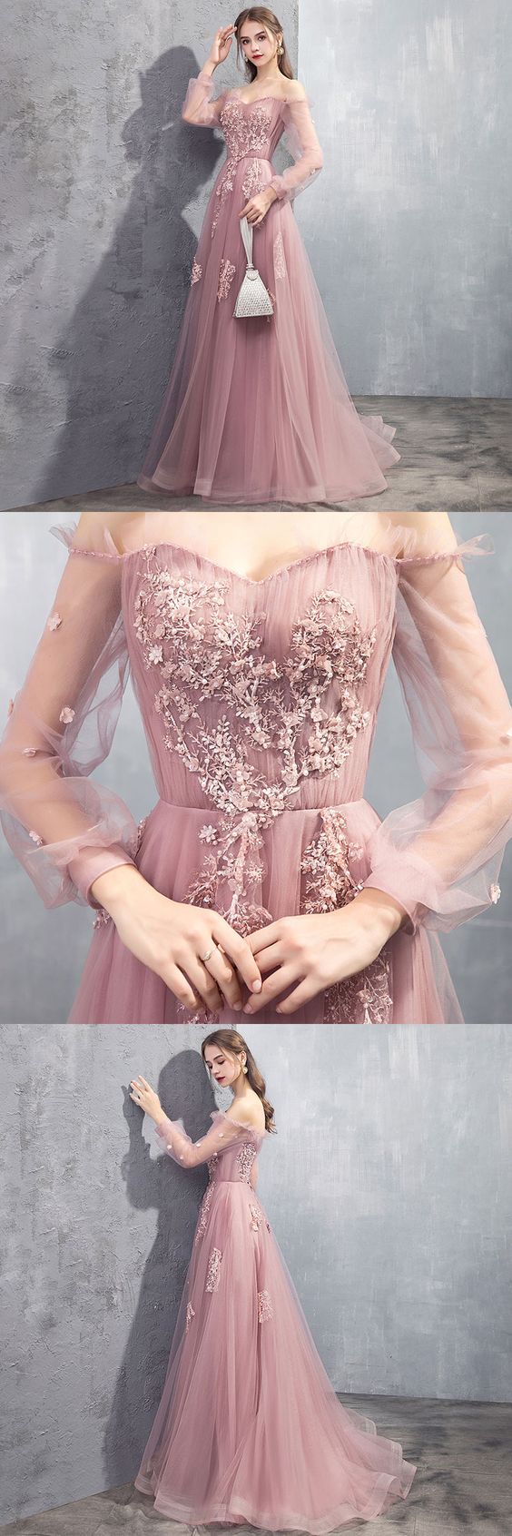 pink tulle lace long A line prom dress, pink evening dress, cheap dress cg5180