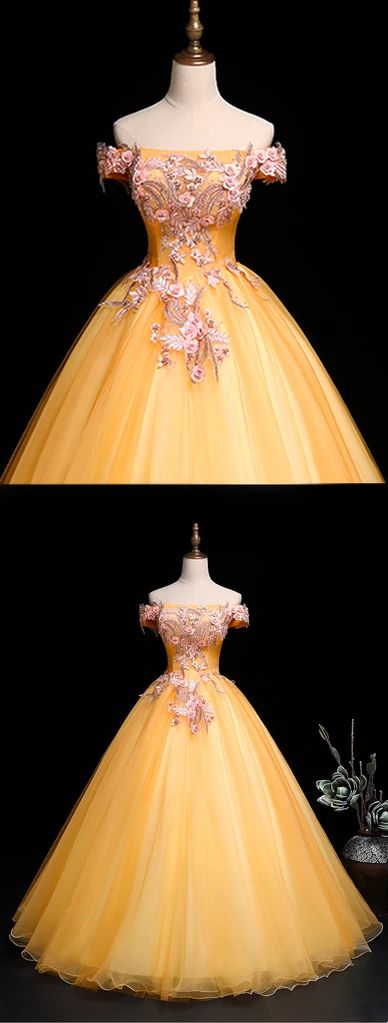 Yellow Tulle Off Shoulder Long Custom Size Senior Prom Dress, Evening Dress cg5226