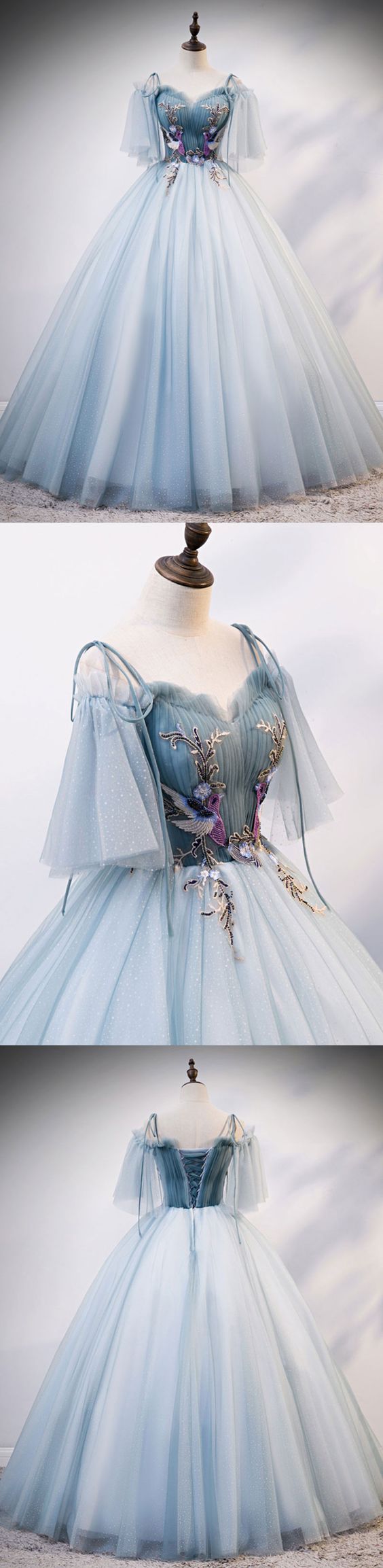 Blue tulle lace long prom dress, evening dress cg5243