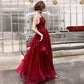burgundy lace long A line prom dress, lace evening dress cg5247