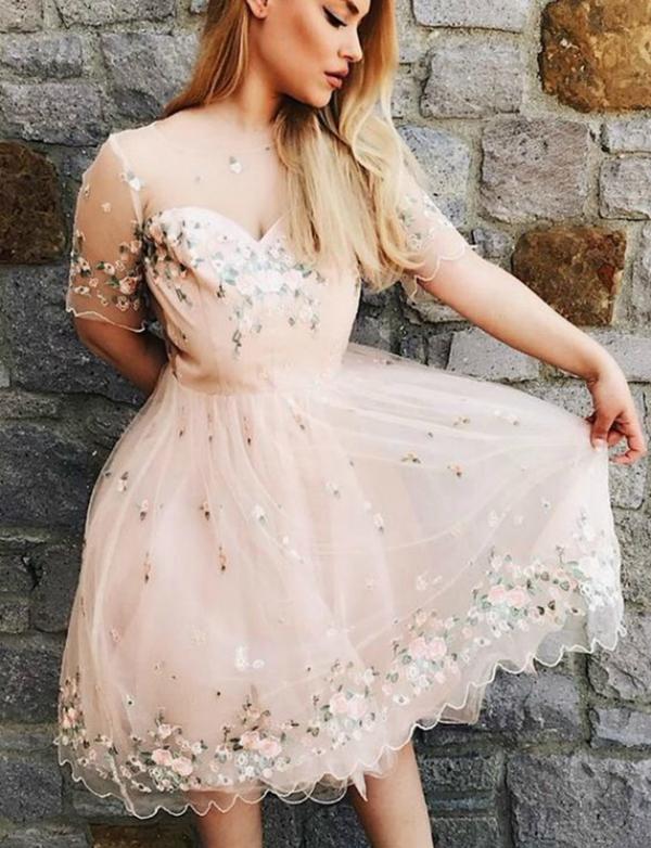 A-Line Crew Short Sleeves Pink Tulle Homecoming Party Dress With Embroidery ,cheap homecoming dress cg535