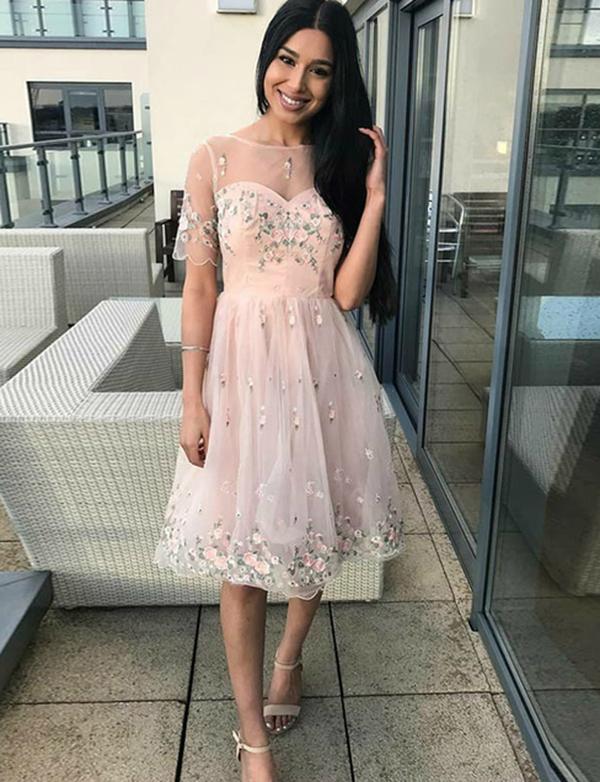 A-Line Crew Short Sleeves Pink Tulle Homecoming Party Dress With Embroidery ,cheap homecoming dress cg535