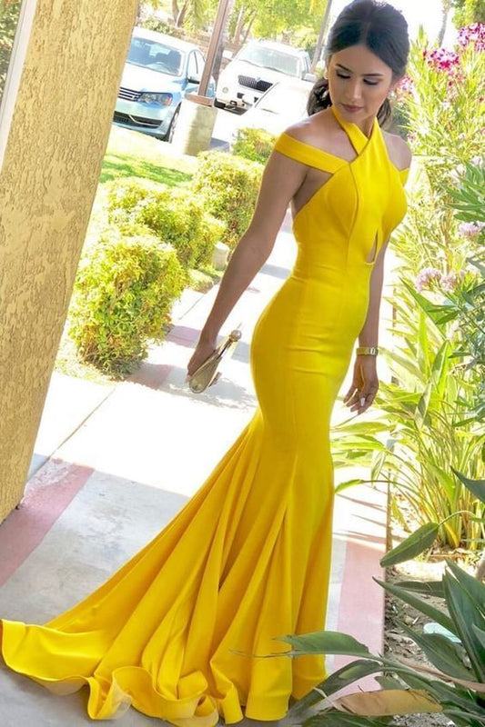 Mermaid Halter Backless Sweep Train Yellow Satin Prom Dress with Keyhole cg5425