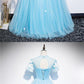 Fresh Blue Tulle Satin Short Sleeve Long Senior Prom Dress, Formal Dress cg5450
