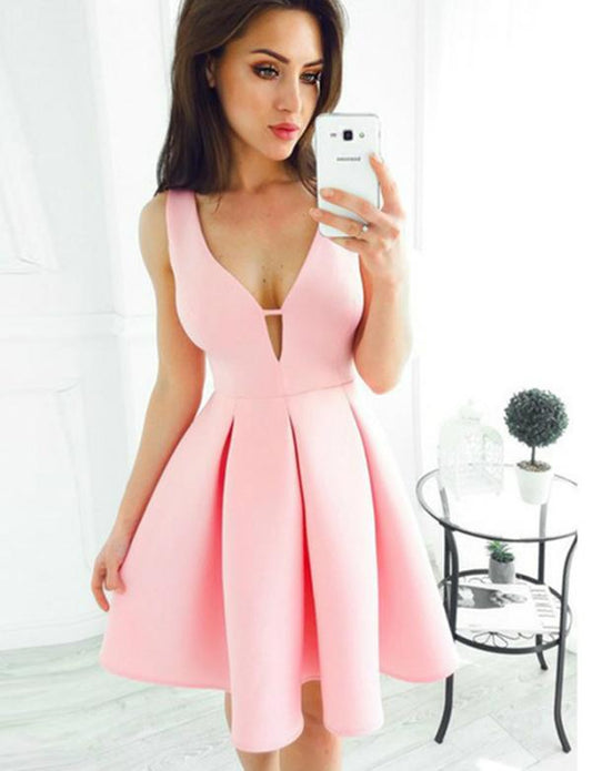 Sleeveless Deep V-Neck Pink Satin Homecoming Cocktail Dress cg546