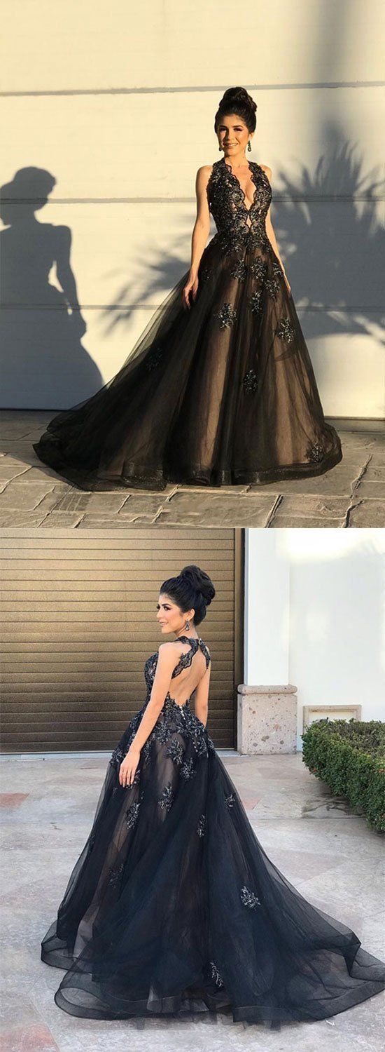 Black v neck tulle lace long prom dress, black evening dress  cg5506