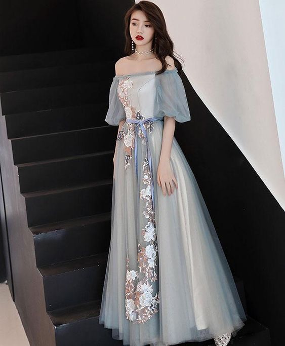 Gray blue tulle lace long prom dress, gray blue evening dress cg5509