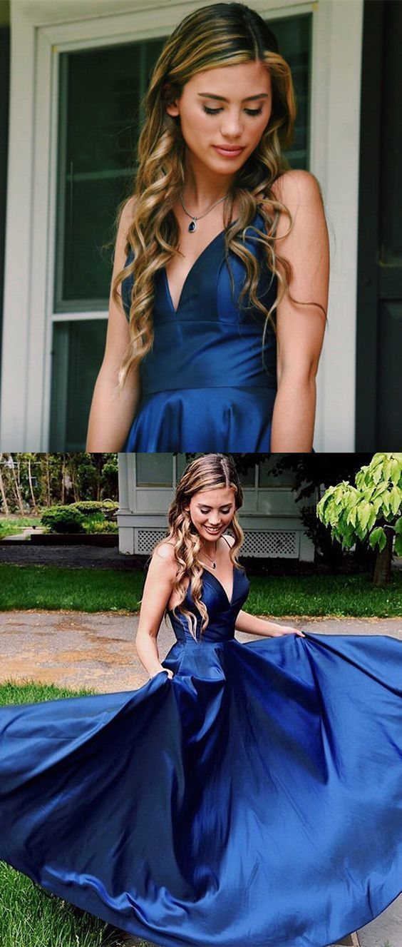 Simple Straps A-line blue Long Prom Dress cg553