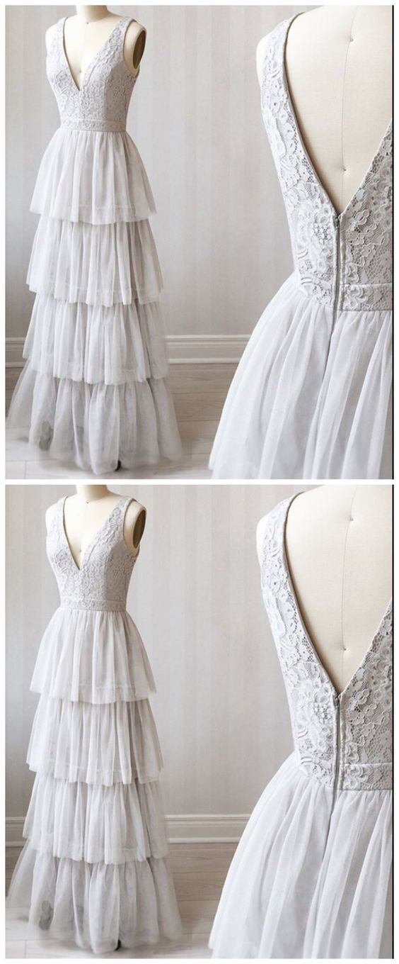 A Line V Neck Gray Lace Prom Dresses, V Neck Gray Lace Formal Graduation Bridesmaid Dresses cg5567