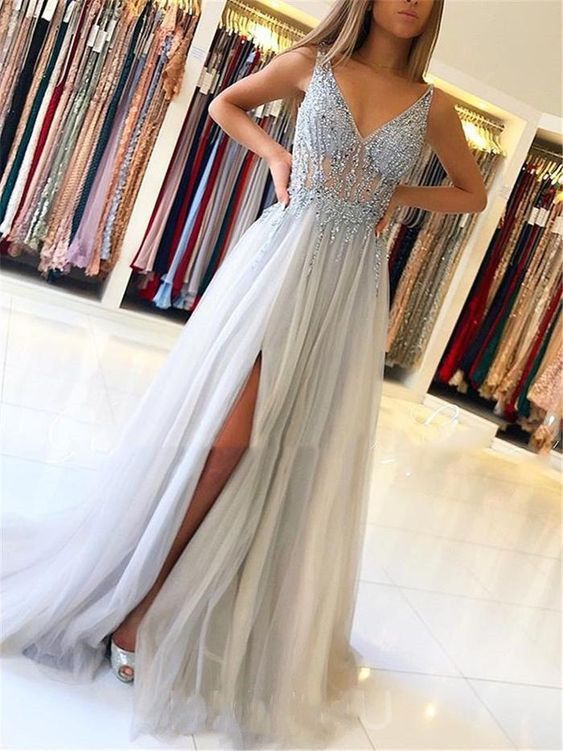 Sexy V neck Beads A Line Prom Dress with Slit, Long Evening Dress cg5569