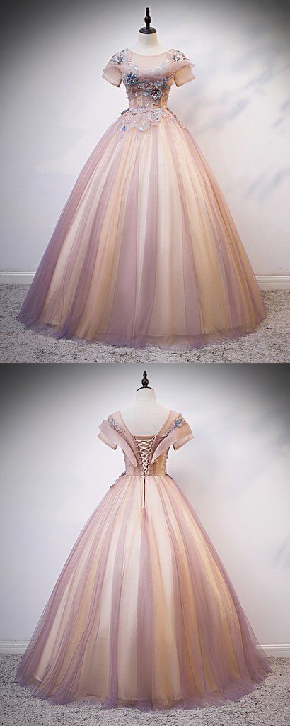 Pink Tulle Round Neck Sequins Long Formal Prom Dress With Sleeve   cg5576