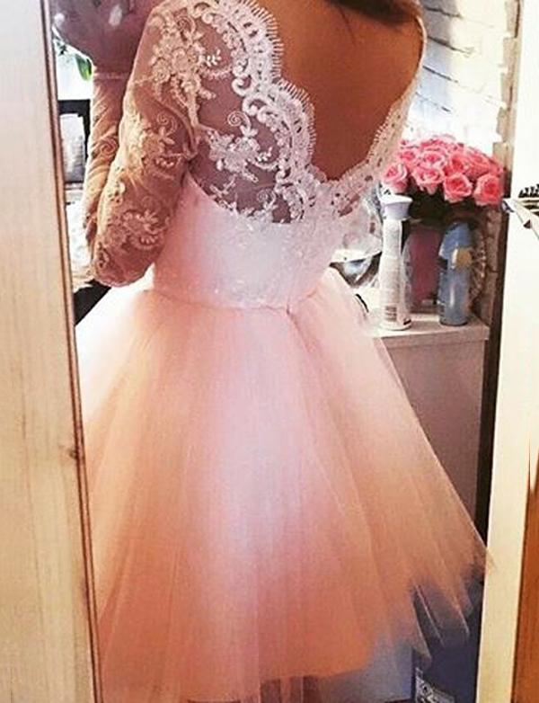 A-Line Square Long Sleeves Pink Tulle Homecoming Cocktail Dress With Lace cg562