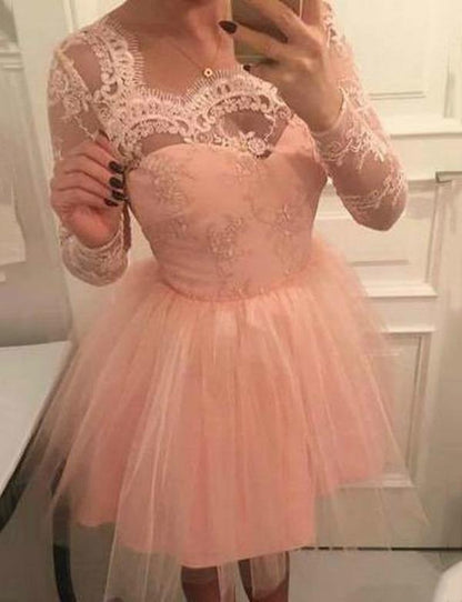 A-Line Square Long Sleeves Pink Tulle Homecoming Cocktail Dress With Lace cg562