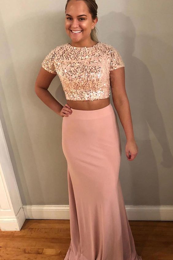 Short Sleeve Two Piece Evening Party Dress, Sequins Long Prom Dress  cg5620