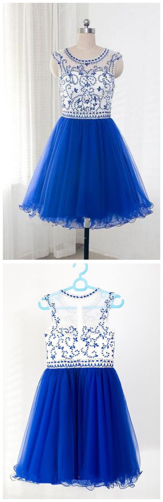 Royal Blue Tulle Sleeveless Homecoming Dresses With Beading  cg5686