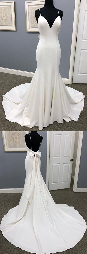 Ivory Satin Spaghetti Straps Open Back Sweet Train Wedding Dress, Formal Prom Dress  cg5690