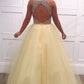 Yellow tulle v neck beads long prom dress yellow evening dress  cg5759