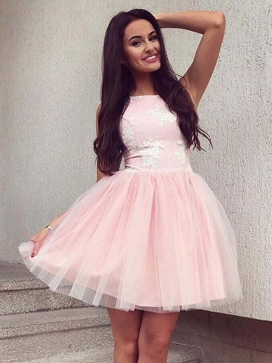 A-Line Halter Sleeveless Pink Tulle Homecoming Dresses With Lace  cg581