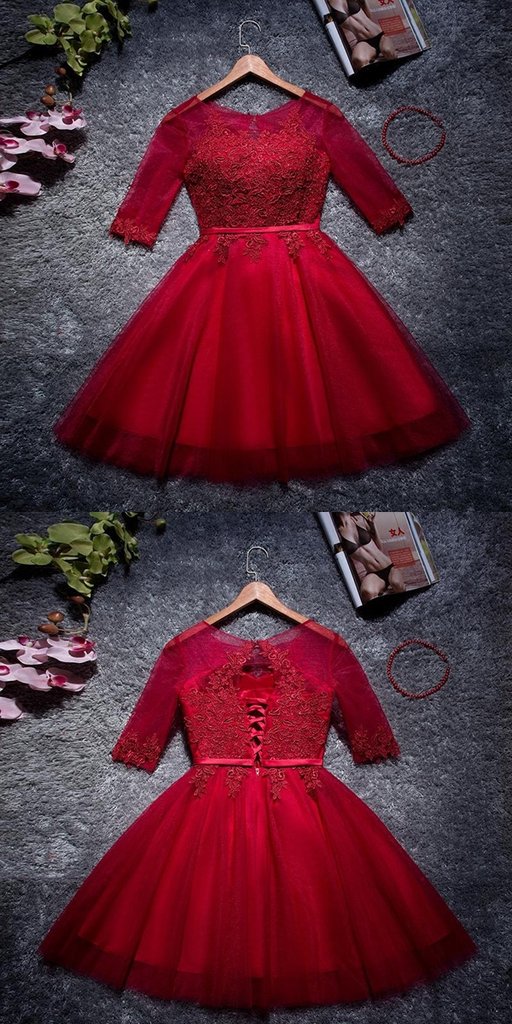 A-Line Red Scoop Neckline 3/4 Sleeves Homecoming Dresses  cg585