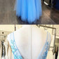 A Line V Neck Light Blue Lace Prom Dresses, V Neck Sky Blue Lace Formal Evening Dresses cg5859