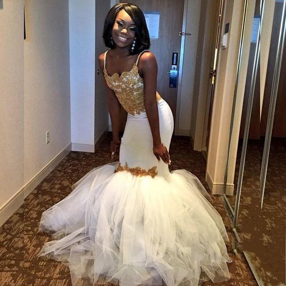 Mermaid White With Gold Appliques Spaghetti Straps Tulle Prom Dresses  cg5896